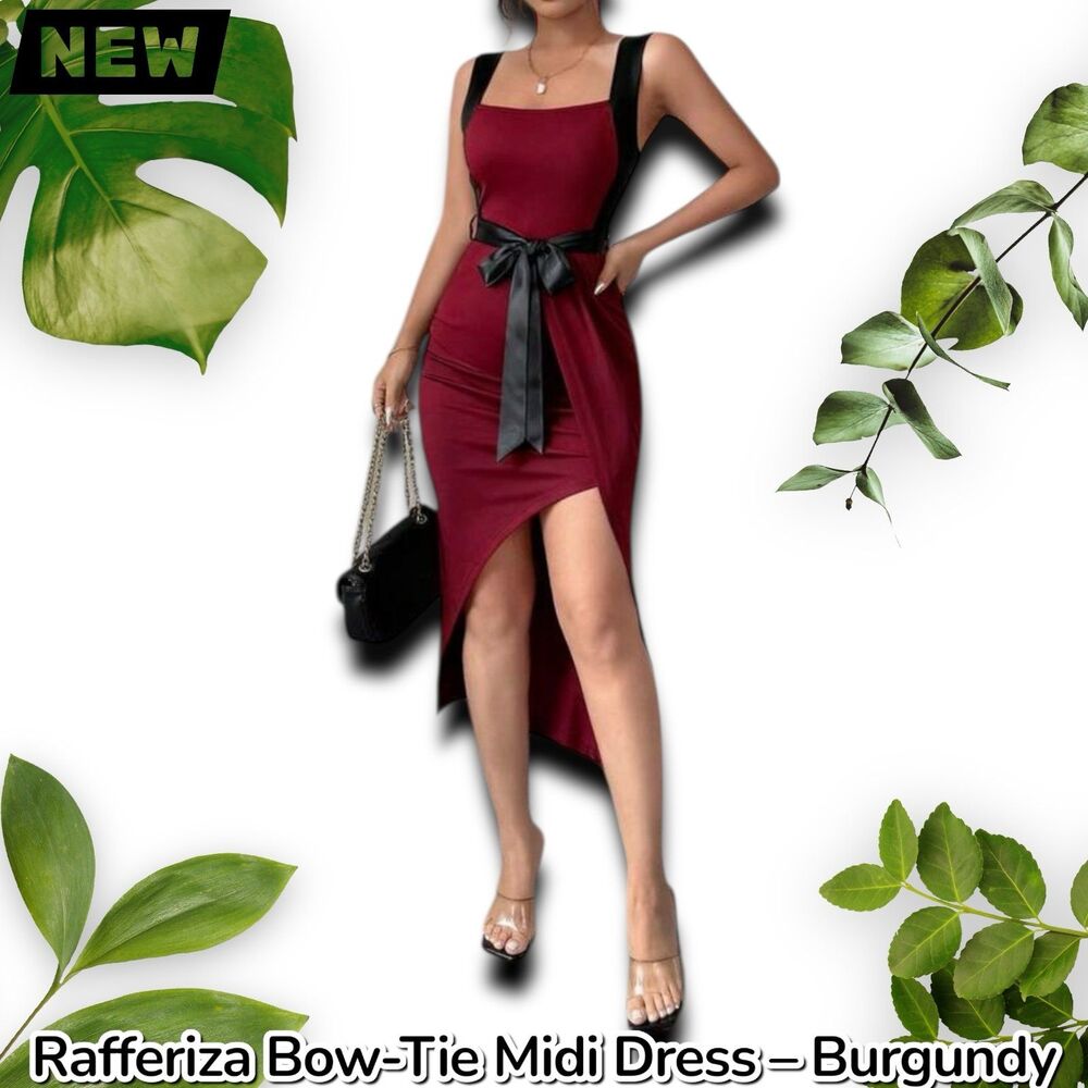 New Rafferiza Asymmetric Fitted Bow-Tie Midi Dress – Burgundy – Size Small